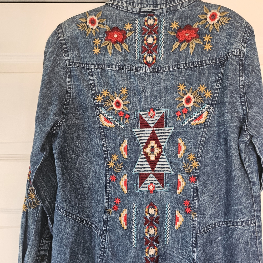 Nostalgia Embroidered Denim Duster Jacket - French Knot Details - Size S - Picture 3 of 7